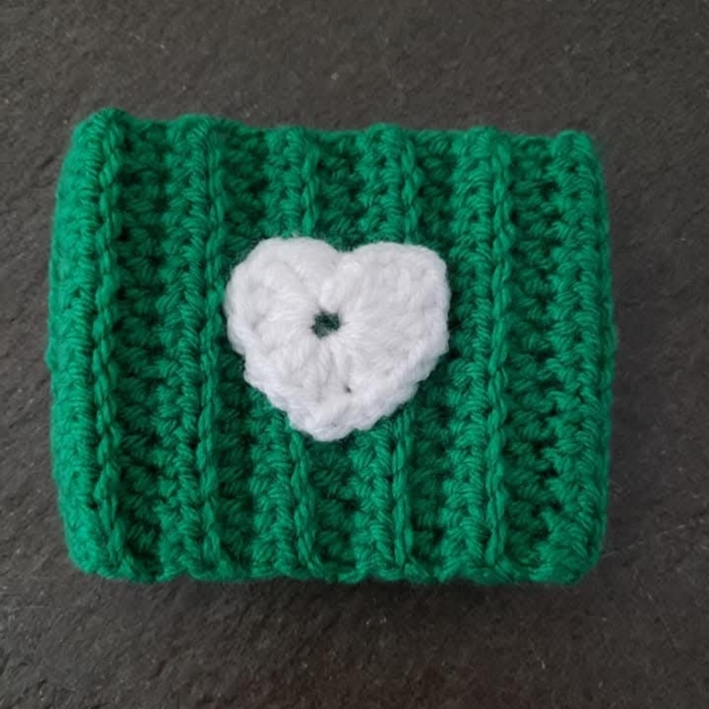 Handmade Green Crochet Cup Cozy with White Heart - Picture 2 of 2